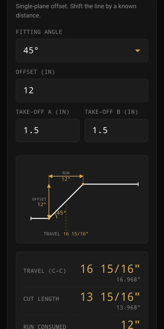 The Pipefitter Calculator screen